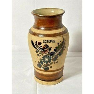 Mexican Hand Painted Tonala 8.5 In. Vase Folk Art Pottery Bird and Flowers